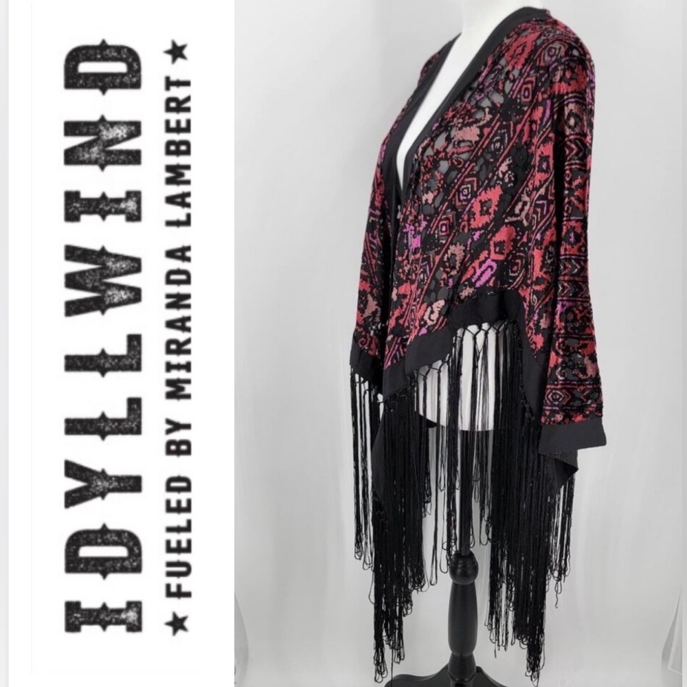 IDYLLWIND Kimono Black Pink Red Fringed Stunning Velvet Burnout Cardigan NWT 🖤💗 - Picture 16 of 16